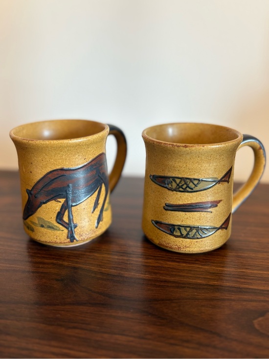 Other - Vintage Stoneware Mugs – Hand-Decorated Horse and Fish Design Pair